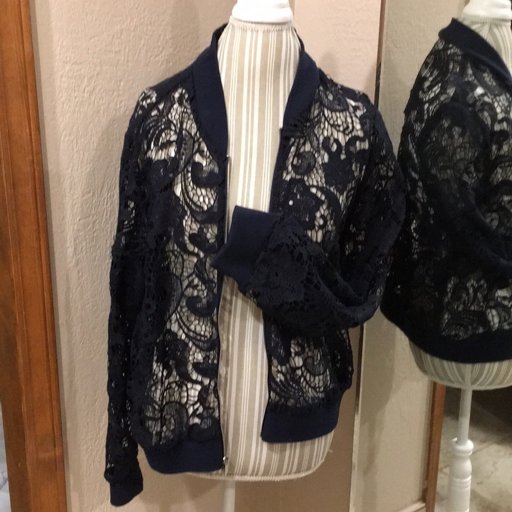 Chico’s navy lace bomber jacket